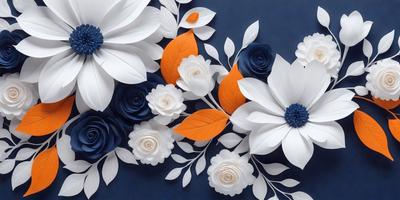 The primary subject of the image is a beautiful arrangement of white and orange flowers. The flowers are placed on a blue background, creating a striking contrast. The visual style of the image is a combination of digital art and illustration, giving it a unique and artistic appearance. The dominant colors in the image are white and orange, which evoke a sense of warmth and freshness. Overall, the image exudes a sense of elegance and natural beauty.
