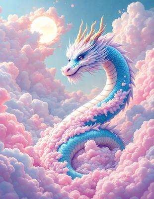 The primary subject of the image is a large, colorful dragon with a long, curled tail. The dragon is surrounded by a pink and blue cloudy background, giving it a whimsical and fantastical appearance. The visual style of the image is digital art, with the dragon and clouds depicted in a vibrant and detailed manner. The colors and mood of the image are predominantly pink and blue, creating a sense of warmth and playfulness.