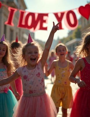 The primary subject of the image is a group of young girls, including a little girl, who are celebrating and having fun. They are wearing party hats and are in the middle of a street. The setting is an outdoor environment with a city backdrop. The visual style is a photo, capturing the joyful moment. The colors and mood are vibrant and lively, with the girls' party hats adding a festive touch to the scene.