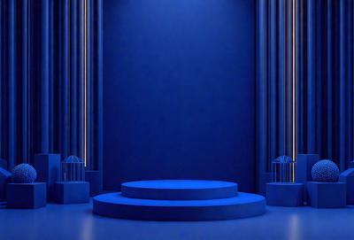 The primary subject of the image is a blue stage with a blue platform. The setting is a dark room with blue walls, and the visual style is a digital art or illustration. The dominant colors and overall atmosphere are blue and dark, creating a moody and dramatic ambiance.
