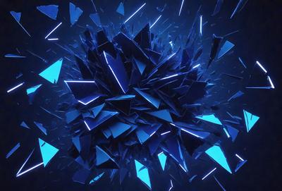 The primary subject of the image is a large, blue, geometric shape with multiple triangles and lines. The setting is a dark, blue background, which creates a contrasting and dramatic effect. The visual style is a combination of digital art and illustration, as the shape appears to be a digital creation with a hand-drawn, artistic touch. The dominant colors are blue and black, giving the image a modern and sophisticated mood.