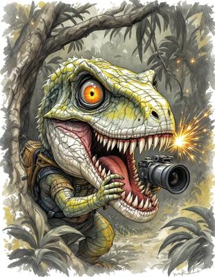 The primary subject of the image is a cartoon-like dinosaur, specifically a T-Rex, holding a camera in its mouth. The setting is a forest, with trees and foliage visible in the background. The visual style is a combination of digital art and illustration, creating a whimsical and playful atmosphere. The colors are predominantly green and brown, with the T-Rex being green and the forest elements being brown.