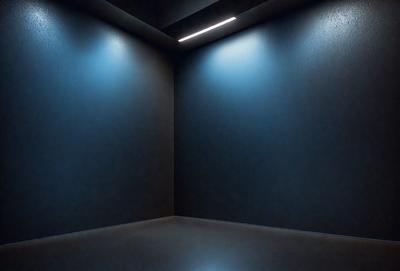 The primary subject of the image is a large, dark room with a blue wall. The setting is a black room with a blue wall, and the visual style is a photo. The dominant colors are blue and black, creating a moody atmosphere.