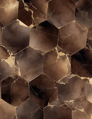 The primary subject of the image is a close-up of a marble wall with a pattern of hexagons. The setting is a room with a brown and gold color scheme. The visual style is a combination of a photo and a drawing, creating a unique and intricate pattern. The colors and mood of the image are warm and inviting, with the marble wall adding a sense of luxury and sophistication to the space.