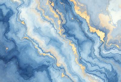 The primary subject of the image is a blue and gold painting, featuring a blue background with gold accents. The setting is a painting, and the visual style is artistic. The dominant colors are blue and gold, creating a serene and calming atmosphere.