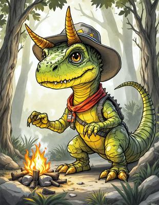 The primary subject of the image is a cartoon dinosaur, specifically a green alligator, wearing a cowboy hat and a red scarf. The dinosaur is standing next to a fire, possibly a campfire, and appears to be enjoying the scene. The setting is a forest, with trees visible in the background. The visual style is a cartoon illustration, giving the image a playful and whimsical atmosphere. The colors are predominantly green and red, with the green alligator being the main focus of the image.