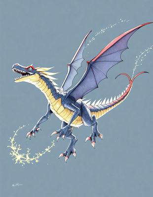 The primary subject of the image is a large, colorful dragon with a long tail and wings. The dragon is flying through the air, creating a sense of motion and excitement. The setting is a gray background, which contrasts with the vibrant colors of the dragon. The visual style is a combination of digital art and illustration, creating a dynamic and engaging scene. The dominant colors are blue, yellow, and red, which contribute to the lively and energetic atmosphere of the image.