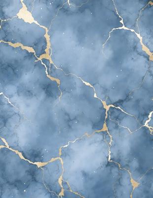 The primary subject of the image is a blue and gold patterned wallpaper. The setting is a blue and gold wallpapered room. The visual style is a digital art or illustration. The dominant colors are blue and gold, creating a warm and inviting atmosphere.
