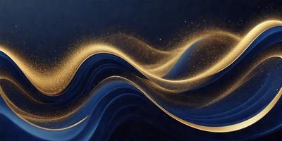 The primary subject of the image is a blue wave with gold sparkles, creating a visually appealing and dynamic scene. The setting is a dark blue background, which contrasts with the bright blue wave and the golden sparkles. The visual style of the image is a combination of photo and digital art, as it captures the movement and texture of the wave while maintaining a sense of depth and dimension. The dominant colors in the image are blue and gold, with the blue wave and gold sparkles creating a sense of motion and energy.