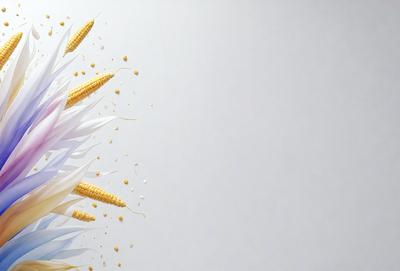The primary subject of the image is a close-up of a corn plant with yellow kernels. The setting is a white wall, and the visual style is a digital art or illustration. The dominant colors are yellow and white, creating a warm and natural atmosphere.