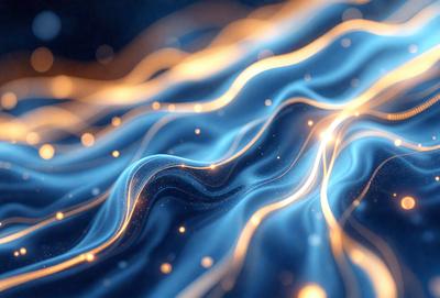 The primary subject of the image is a blue and yellow wave, which appears to be a digital art or illustration. The setting is a dark blue background, and the visual style gives the impression of a futuristic or abstract scene. The dominant colors are blue and yellow, creating a vibrant and energetic atmosphere.