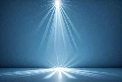 The primary subject of the image is a bright light source, which appears to be a spotlight or a light bulb. The light is shining on a blue wall, creating a visually striking scene. The setting is a room with a blue background, which adds to the overall atmosphere of the image. The visual style of the image is a combination of photo and digital art, as it captures the light source and its reflection on the wall in a realistic manner. The colors and mood of the image are predominantly blue, with the light source creating a sense of depth and dimension.