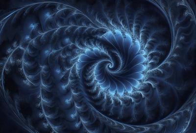 The primary subject of the image is a blue spiral pattern, which appears to be a digital art or illustration. The setting is a dark blue background, creating a contrasting and visually striking scene. The visual style is a combination of digital art and illustration, giving the image a unique and artistic appearance. The dominant colors are blue and black, creating a mood of depth and intrigue.