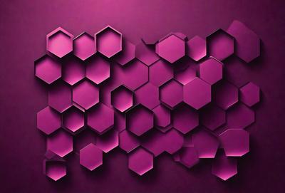 The primary subject of the image is a purple wall with a geometric pattern. The setting is a room with a purple background, and the visual style is a combination of photo and digital art. The dominant colors are purple and pink, creating a warm and inviting atmosphere.