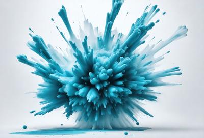 The primary subject of the image is a blue and white painting or drawing of a splashing, swirling, and colorful mess. The setting is a white background, which provides a clean and uncluttered environment for the artwork. The visual style appears to be a combination of digital art and traditional painting techniques. The colors and mood of the image are vibrant and energetic, with the blue and white colors creating a sense of movement and dynamism.