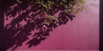 The primary subject of the image is a tree with green leaves, casting a shadow on a pink wall. The setting is an outdoor environment, with the tree and the wall being the main objects in the scene. The visual style appears to be a photo, capturing the natural light and shadows created by the tree. The colors in the image are predominantly green from the leaves and pink from the wall, creating a calm and serene atmosphere.
