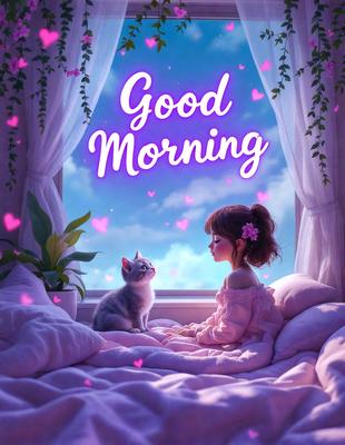 The primary subject of the image is a young girl sitting on a bed, accompanied by a cat. The setting is a cozy bedroom with a window, and the visual style is a digital art or illustration. The colors and mood of the image are predominantly pink, creating a warm and inviting atmosphere.