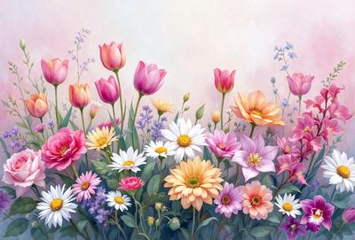 The primary subject of the image is a beautiful bouquet of flowers, with a variety of colors and types. The flowers are arranged in a field of grass, creating a natural and vibrant scene. The visual style of the image is a painting, which adds a sense of artistic expression and depth to the composition. The colors and mood of the painting are lively and cheerful, with the flowers serving as the main focus and source of visual interest.