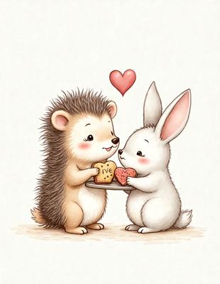 The image features two cute cartoon animals, a hedgehog and a rabbit, standing close to each other. They are both holding a piece of cake, which appears to be a heart-shaped cake. The scene is set in a white background, giving it a clean and simple appearance. The visual style of the image is a combination of digital art and illustration, creating a charming and whimsical atmosphere. The colors used in the image are predominantly shades of pink and white, which contribute to the overall warm and friendly mood of the scene.