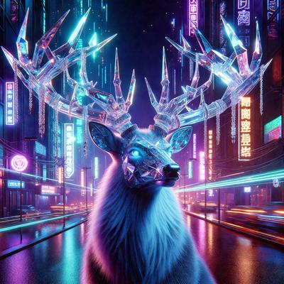 The primary subject of the image is a deer with a silver mask on its face, standing on a city street. The setting is a futuristic city with neon lights and buildings in the background. The visual style is a combination of photo and digital art, creating a unique and intriguing scene. The dominant colors are purple and blue, giving the image a futuristic and surreal atmosphere.