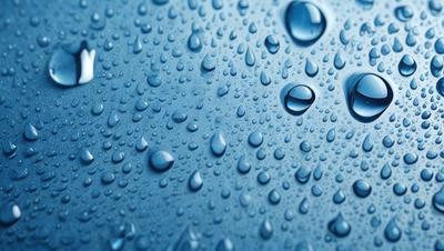 The primary subject of the image is a close-up of water droplets on a blue surface. The setting is a blue background, and the visual style appears to be a photo. The colors in the image are predominantly blue, creating a calm and serene atmosphere.