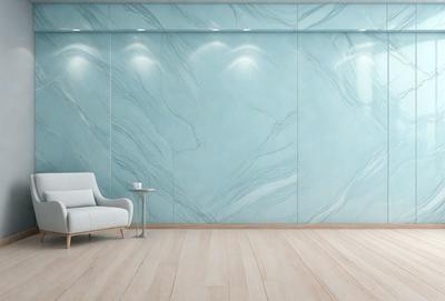The primary subject of the image is a white couch placed in a living room. The setting is a modern, clean, and minimalist design, featuring a large wall with a marble-like texture. The visual style is a realistic photo of the living room. The colors and mood of the image are predominantly white, creating a sense of simplicity and elegance.