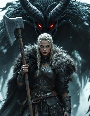 The primary subject of the image is a woman dressed in medieval armor, holding a large axe. She is standing in front of a demonic creature, which serves as the setting and background of the scene. The visual style of the image is digital art, with the woman and the demonic creature being the main focus of the picture. The colors and mood of the image are dark and intense, with the woman's armor and the demonic creature creating a sense of danger and conflict.
