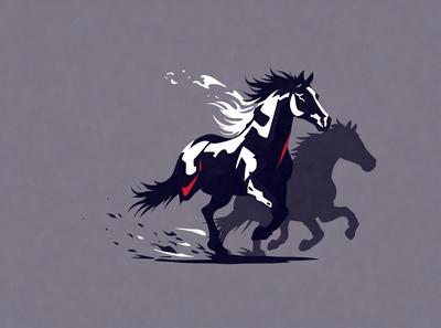 The primary subject of the image is a black and white horse with a red stripe on its face. The horse is galloping, creating a dynamic and energetic scene. The setting is a gray background, which contrasts with the horse's movement and adds a sense of depth to the image. The visual style is a combination of digital art and illustration, creating a unique and eye-catching representation of the horse. The colors and mood of the image are predominantly black and white, with the red stripe on the horse's face adding a pop of color and a sense of excitement.