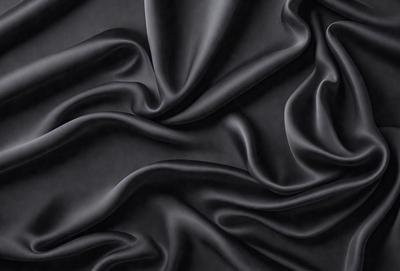The primary subject of the image is a close-up of a black fabric, possibly a piece of clothing or a curtain. The setting is a dark background, which emphasizes the fabric's texture and color. The visual style appears to be a photo, as it captures the fabric's details and texture. The colors and mood of the image are predominantly dark, with the black fabric being the main focus.