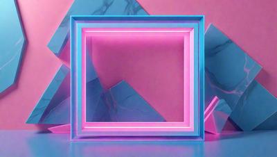 The primary subject of the image is a square-shaped frame with a pink and blue background. The setting is a room with a blue and pink wall, and the visual style appears to be a digital art or illustration. The colors and mood of the image are predominantly pink and blue, creating a vibrant and lively atmosphere.