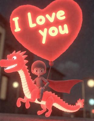 The primary subject of the image is a small child riding on the back of a pink dragon. The setting appears to be a nighttime scene, with the dragon and child being the main focus. The visual style is a combination of digital art and illustration, creating a whimsical and imaginative atmosphere. The colors are predominantly pink and red, which adds to the playful and magical mood of the scene.