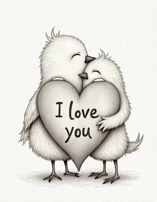 The image features two birds, one white and one grey, standing close to each other and embracing each other. The birds are positioned in the center of the image, with their wings wrapped around each other. The scene appears to be a heartfelt moment between the two birds, possibly expressing love or affection. The visual style of the image is a combination of digital art and illustration, creating a warm and inviting atmosphere.