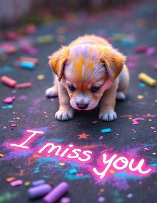 The primary subject of the image is a small dog sitting on a colorful surface. The setting is a playful and creative environment, possibly a colorful sidewalk or a surface with a lot of colorful candy. The visual style is a combination of a photo and digital art, as the dog is sitting on a colorful surface with a message written in pink, which is not a typical color for a dog's fur. The colors and mood of the image are vibrant, fun, and lighthearted, as the dog appears to be enjoying its time on the colorful surface.