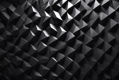The primary subject of the image is a black wall with a pattern of geometric shapes, including triangles and diamonds. The setting is a dark room, and the visual style appears to be a combination of digital art and illustration. The dominant colors are black and white, creating a stark and minimalist atmosphere.
