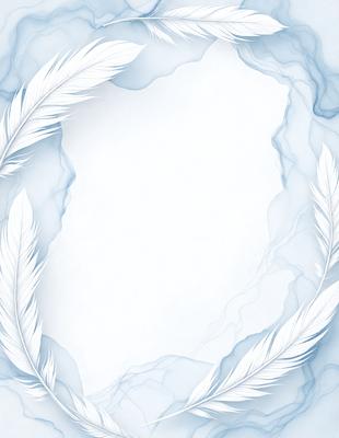 The primary subject of the image is a white circle with a blue background. The circle is adorned with a wreath made of white feathers. The setting is a blue background, which creates a contrast with the white circle and feathers. The visual style is a combination of digital art and illustration, as the feathers are intricately designed and the overall composition is well-executed. The colors and mood of the image are predominantly blue and white, giving it a clean and elegant appearance.