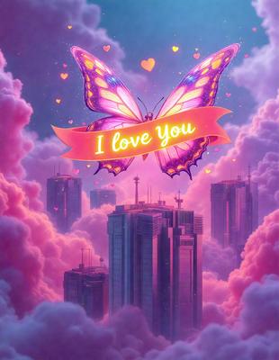 The primary subject of the image is a large, colorful butterfly with a pink ribbon around its neck. The butterfly is flying in front of a city skyline, which serves as the setting and background of the scene. The visual style of the image is digital art, as it is a well-crafted and detailed illustration. The dominant colors in the image are pink and purple, creating a warm and romantic atmosphere.