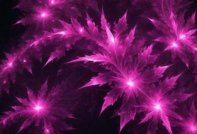 The primary subject of the image is a close-up of a purple flower with a pink background. The setting is a dark room, and the visual style appears to be a digital art or illustration. The dominant colors in the image are purple and pink, creating a warm and vibrant atmosphere.