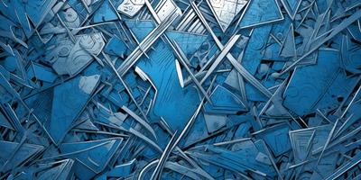 The primary subject of the image is a blue background with a large number of silver metal pieces, such as scissors, scattered across it. The setting appears to be a blue-toned room, and the visual style is a combination of digital art and illustration. The colors and mood of the image are predominantly blue, with the silver metal pieces adding a touch of contrast and interest to the overall composition.