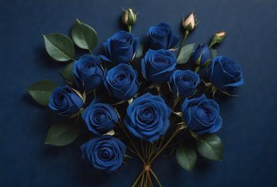 The primary subject of the image is a bouquet of blue roses. The setting is a dark blue background, which creates a dramatic and moody atmosphere. The visual style is a close-up of the bouquet, showcasing the details of the flowers. The colors and mood of the image are predominantly dark and mysterious, with the blue roses being the main focal point.