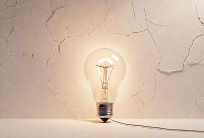 The primary subject of the image is a light bulb, which is the main object in the scene. The light bulb is placed on a table, and it is shining brightly. The setting is a room with a white wall, and the visual style is a photo. The colors in the image are predominantly white, which gives the scene a clean and bright atmosphere.