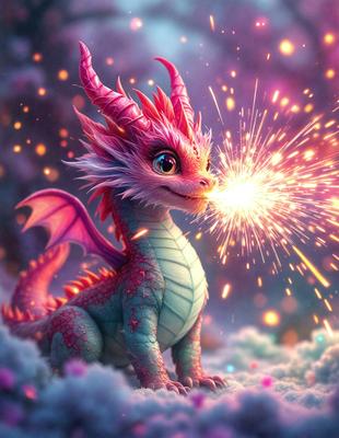 The primary subject of the image is a dragon, which is a digital art illustration. The dragon is standing on a cloudy surface, with a purple and pink color scheme. The visual style of the image is digital art, and the overall atmosphere is whimsical and playful.