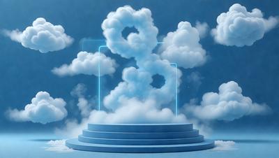 The primary subject of the image is a three-dimensional representation of a cloud, which is a digital art piece. The setting is a blue sky, and the visual style is digital art. The dominant colors are blue and white, creating a calm and serene atmosphere.
