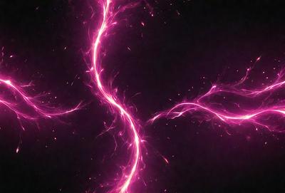 The primary subject of the image is a pink lightning bolt, which is the main object, scene, or focus of the image. The setting or background is a dark, pink-lit environment, which adds to the overall atmosphere. The visual style of the image is a combination of photo and digital art, creating a unique and eye-catching effect. The colors and mood of the image are predominantly pink, with the lightning bolt being the most prominent and vibrant element.