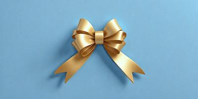 The primary subject of the image is a gold bow, which is prominently displayed on a blue surface. The setting appears to be a studio or a controlled environment, as the bow is the main focus of the image. The visual style is a close-up of the bow, showcasing its details and texture. The colors in the image are predominantly gold and blue, creating a sense of elegance and sophistication.