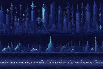 The primary subject of the image is a futuristic cityscape, featuring a series of tall, blue buildings with intricate designs. The setting is a dark, blue background that contrasts with the brightly lit buildings. The visual style is a combination of digital art and illustration, creating a captivating and immersive atmosphere. The colors and mood are predominantly dark and moody, with the blue buildings standing out against the black background.