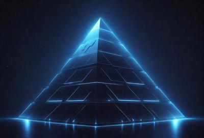 The primary subject of the image is a blue pyramid, which is the main object, scene, or focus of the image. The setting/background features a dark blue sky, which creates a contrasting and dramatic atmosphere. The visual style of the image is digital art, as it appears to be a computer-generated or digitally manipulated image. The dominant colors and overall mood of the image are dark and mysterious, with the blue pyramid standing out against the dark blue sky.