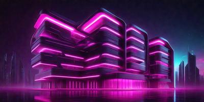 The primary subject of the image is a large, futuristic building with a pink glow. The building is made up of multiple levels and has a unique, modern design. The setting is a dark, urban environment, with the building standing out as the main focus. The visual style of the image is digital art, as it appears to be a computer-generated or digitally rendered scene. The colors and mood of the image are predominantly pink, giving it a vibrant and energetic atmosphere.