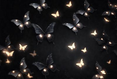 The primary subject of the image is a group of butterflies. There are several butterflies in the scene, with some flying close to each other and others flying individually. The butterflies are illuminated by lights, creating a visually striking scene. The setting appears to be a dark room, with the butterflies as the main focus of the image. The visual style is a combination of photo and digital art, creating a unique and captivating representation of the butterflies. The colors and mood of the image are predominantly dark, with the lights from the butterflies providing a contrasting and luminous effect.