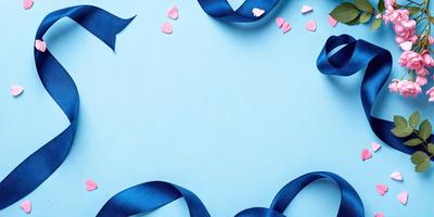The primary subject of the image is a blue ribbon with hearts on it. The ribbon is placed on a blue background, which creates a cohesive and visually appealing scene. The visual style of the image is a combination of photo and digital art, as it appears to be a close-up of the ribbon with hearts on it. The dominant colors in the image are blue and pink, which contribute to a warm and inviting atmosphere.