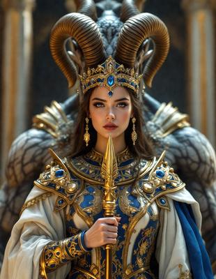 The primary subject of the image is a woman wearing a blue and gold crown, holding a sword, and looking directly at the camera. She appears to be a warrior or a character from a fantasy story. The setting is a room with a stone wall, and the visual style is a combination of photo and digital art. The colors and mood of the image are rich and dramatic, with the woman's outfit and the sword creating a sense of power and strength.